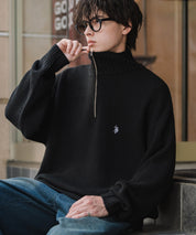U.S. POLO ASSN. ユーエスポロアッスン 別注コラボオーバーサイズワンポイントロゴ刺繍畦編みハーフジップ長袖ニットセーター 16030