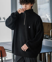 U.S. POLO ASSN. ユーエスポロアッスン 別注コラボオーバーサイズワンポイントロゴ刺繍畦編みハーフジップ長袖ニットセーター 16030