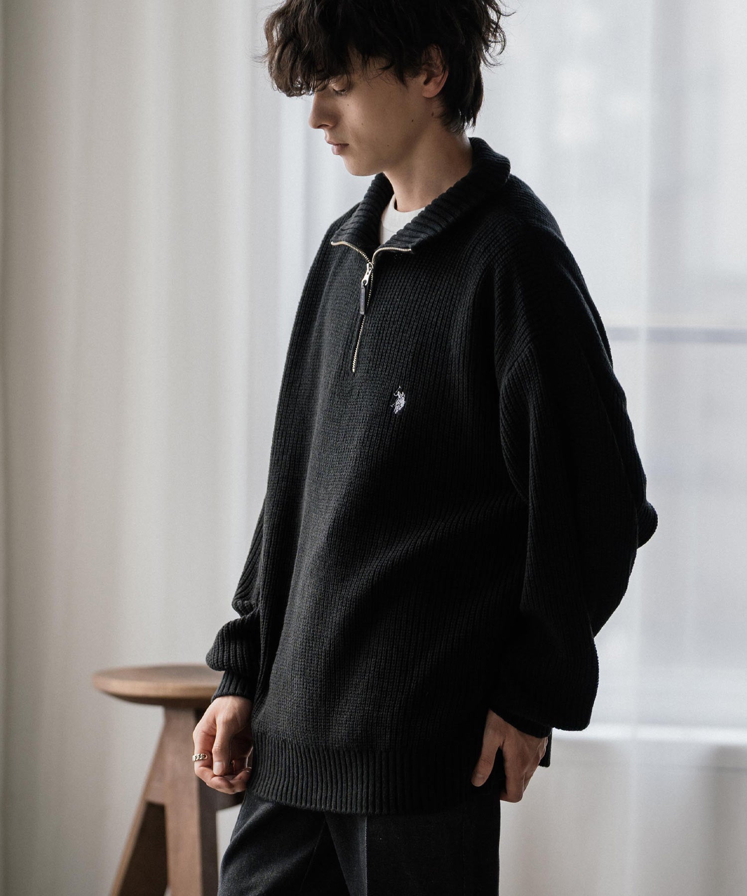 U.S. POLO ASSN. ユーエスポロアッスン 別注コラボオーバーサイズワンポイントロゴ刺繍畦編みハーフジップ長袖ニットセーター 16030