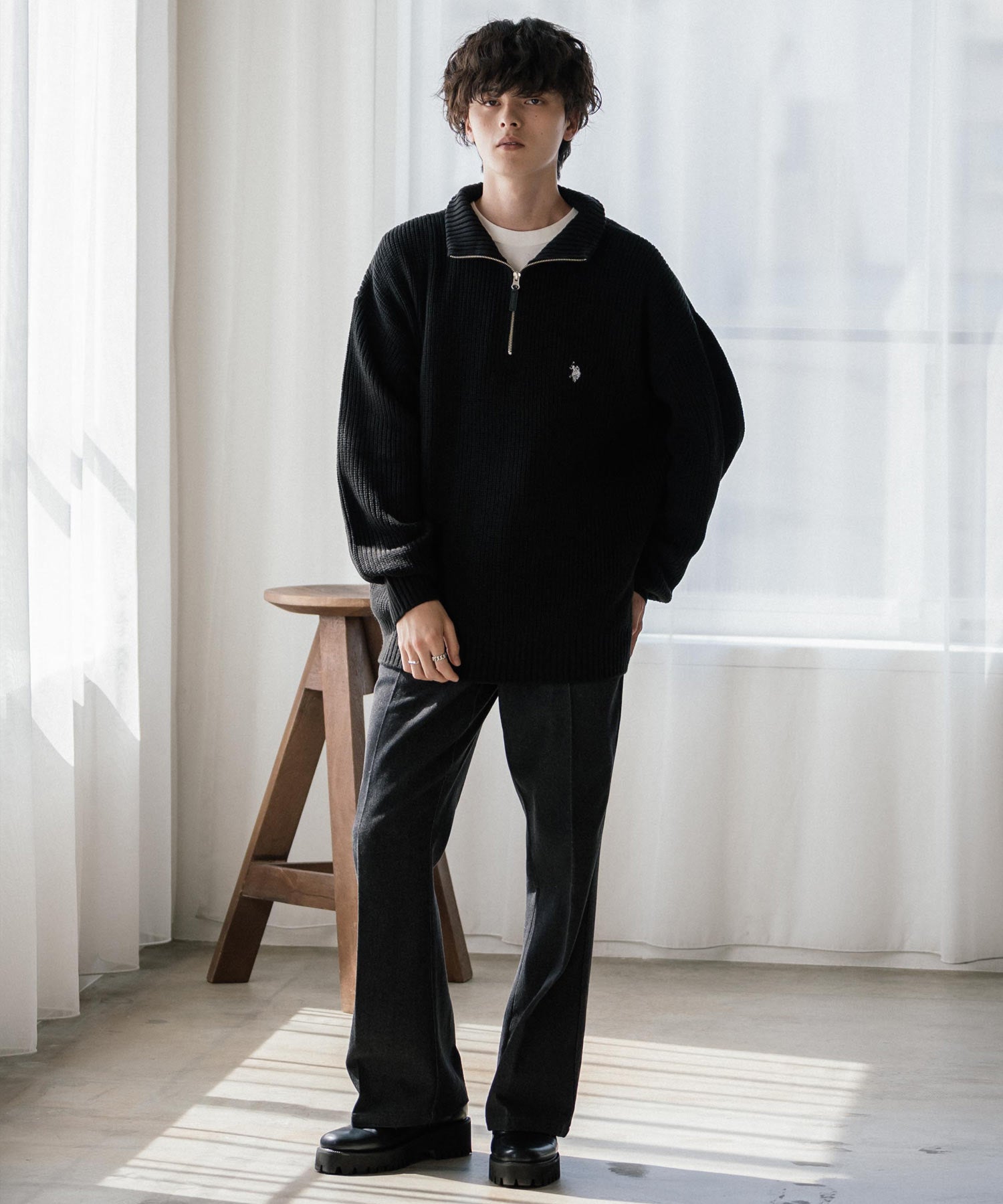 U.S. POLO ASSN. ユーエスポロアッスン 別注コラボオーバーサイズワンポイントロゴ刺繍畦編みハーフジップ長袖ニットセーター 16030