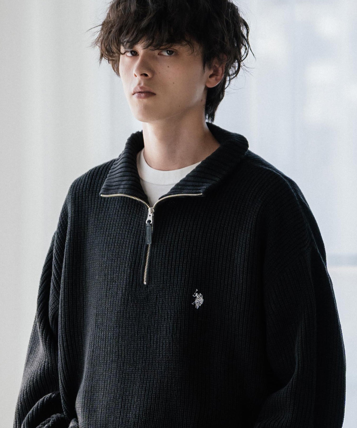 U.S. POLO ASSN. ユーエスポロアッスン 別注コラボオーバーサイズワンポイントロゴ刺繍畦編みハーフジップ長袖ニットセーター 16030