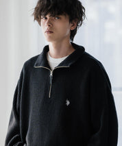 U.S. POLO ASSN. ユーエスポロアッスン 別注コラボオーバーサイズワンポイントロゴ刺繍畦編みハーフジップ長袖ニットセーター 16030