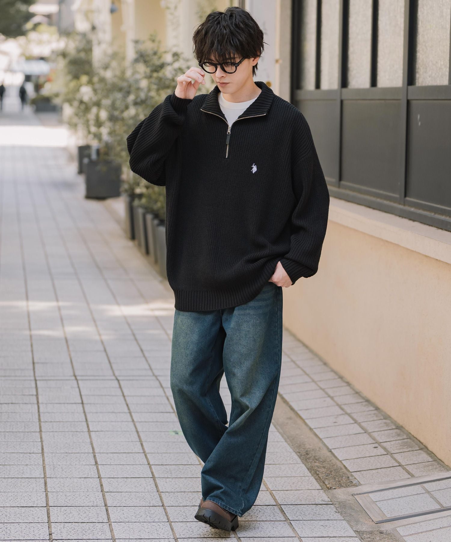 U.S. POLO ASSN. ユーエスポロアッスン 別注コラボオーバーサイズワンポイントロゴ刺繍畦編みハーフジップ長袖ニットセーター 16030