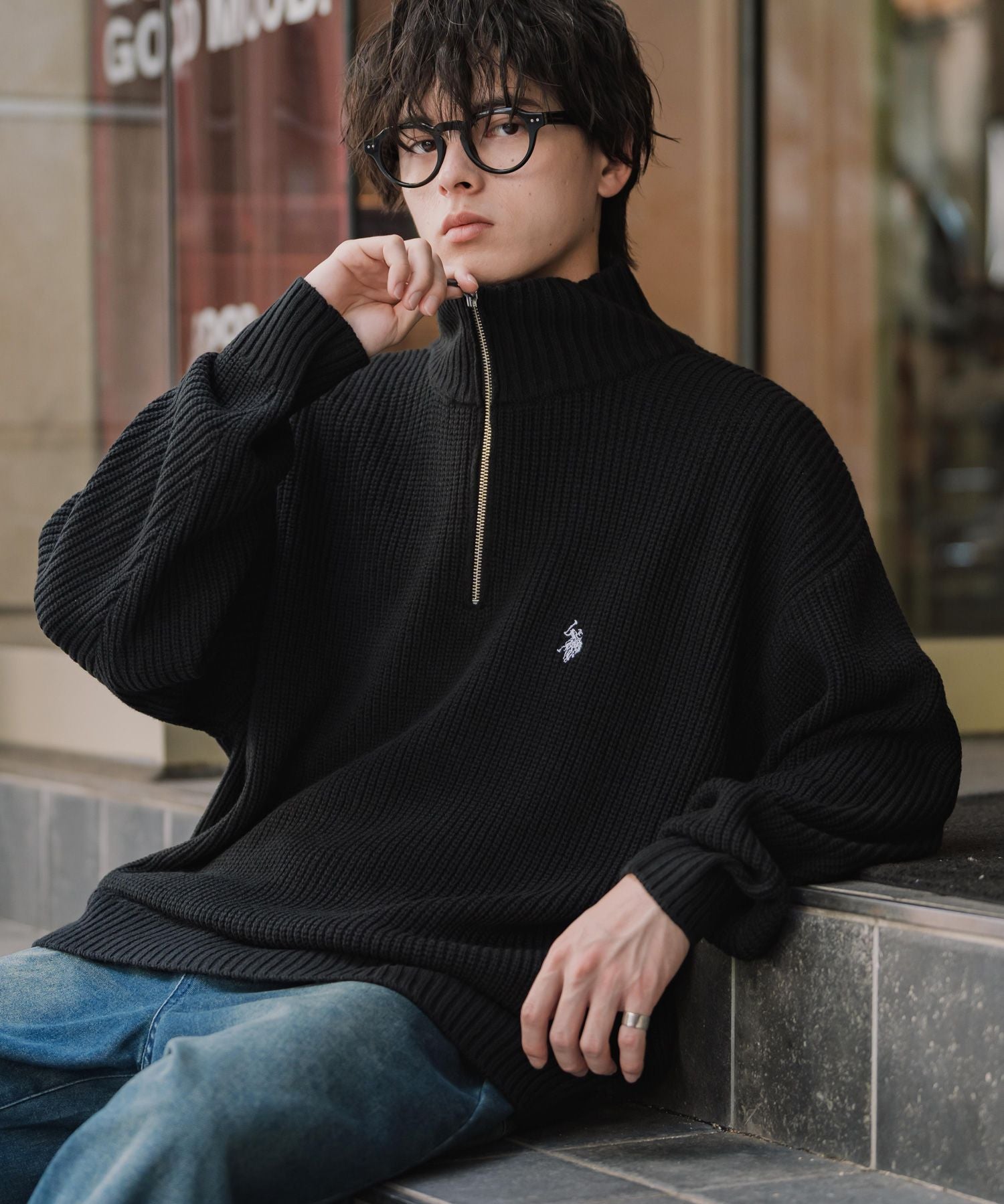 U.S. POLO ASSN. ユーエスポロアッスン 別注コラボオーバーサイズワンポイントロゴ刺繍畦編みハーフジップ長袖ニットセーター 16030