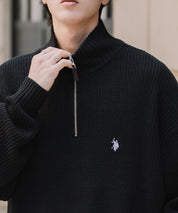 U.S. POLO ASSN. ユーエスポロアッスン 別注コラボオーバーサイズワンポイントロゴ刺繍畦編みハーフジップ長袖ニットセーター 16030