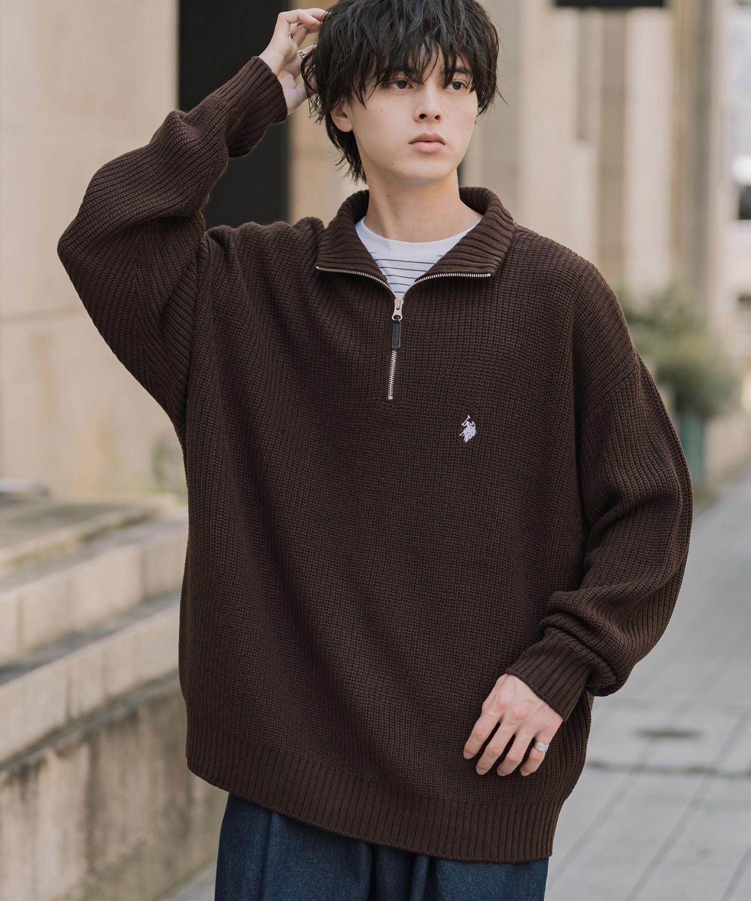 U.S. POLO ASSN. ユーエスポロアッスン 別注コラボオーバーサイズワンポイントロゴ刺繍畦編みハーフジップ長袖ニットセーター 16030