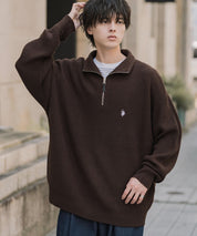 U.S. POLO ASSN. ユーエスポロアッスン 別注コラボオーバーサイズワンポイントロゴ刺繍畦編みハーフジップ長袖ニットセーター 16030