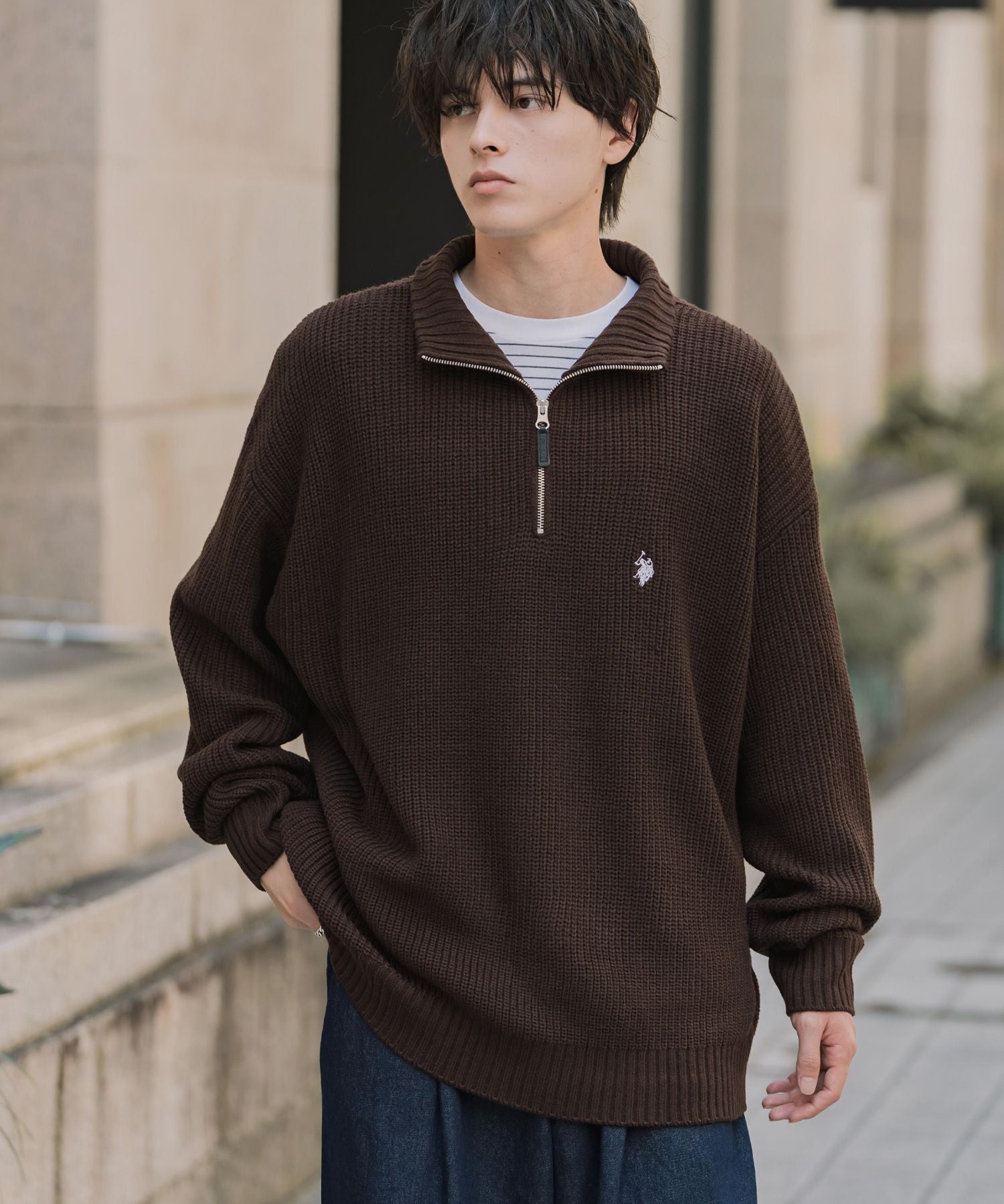 U.S. POLO ASSN. ユーエスポロアッスン 別注コラボオーバーサイズワンポイントロゴ刺繍畦編みハーフジップ長袖ニットセーター 16030