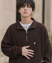 U.S. POLO ASSN. ユーエスポロアッスン 別注コラボオーバーサイズワンポイントロゴ刺繍畦編みハーフジップ長袖ニットセーター 16030