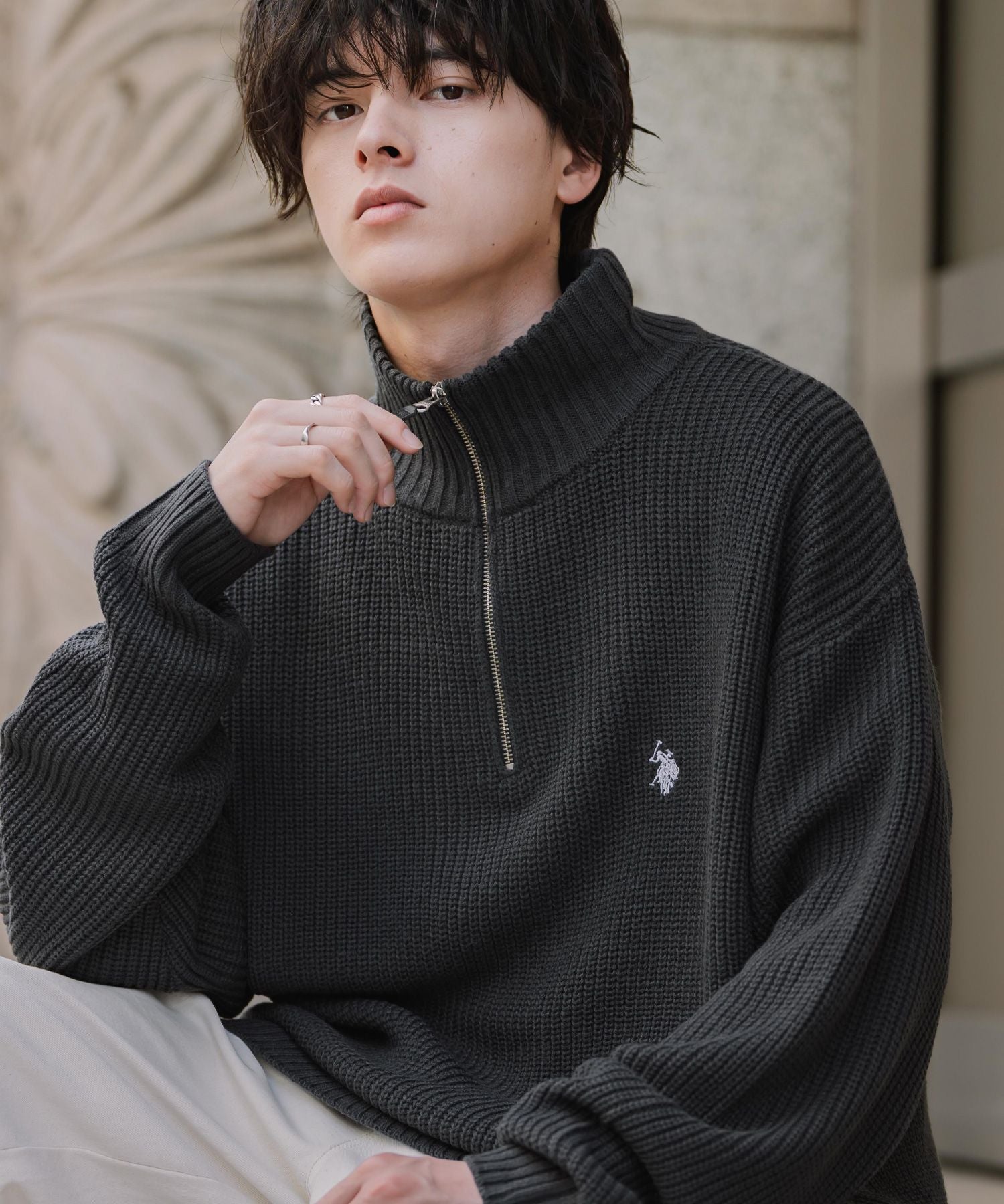 U.S. POLO ASSN. ユーエスポロアッスン 別注コラボオーバーサイズワンポイントロゴ刺繍畦編みハーフジップ長袖ニットセーター 16030