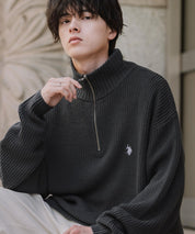 U.S. POLO ASSN. ユーエスポロアッスン 別注コラボオーバーサイズワンポイントロゴ刺繍畦編みハーフジップ長袖ニットセーター 16030