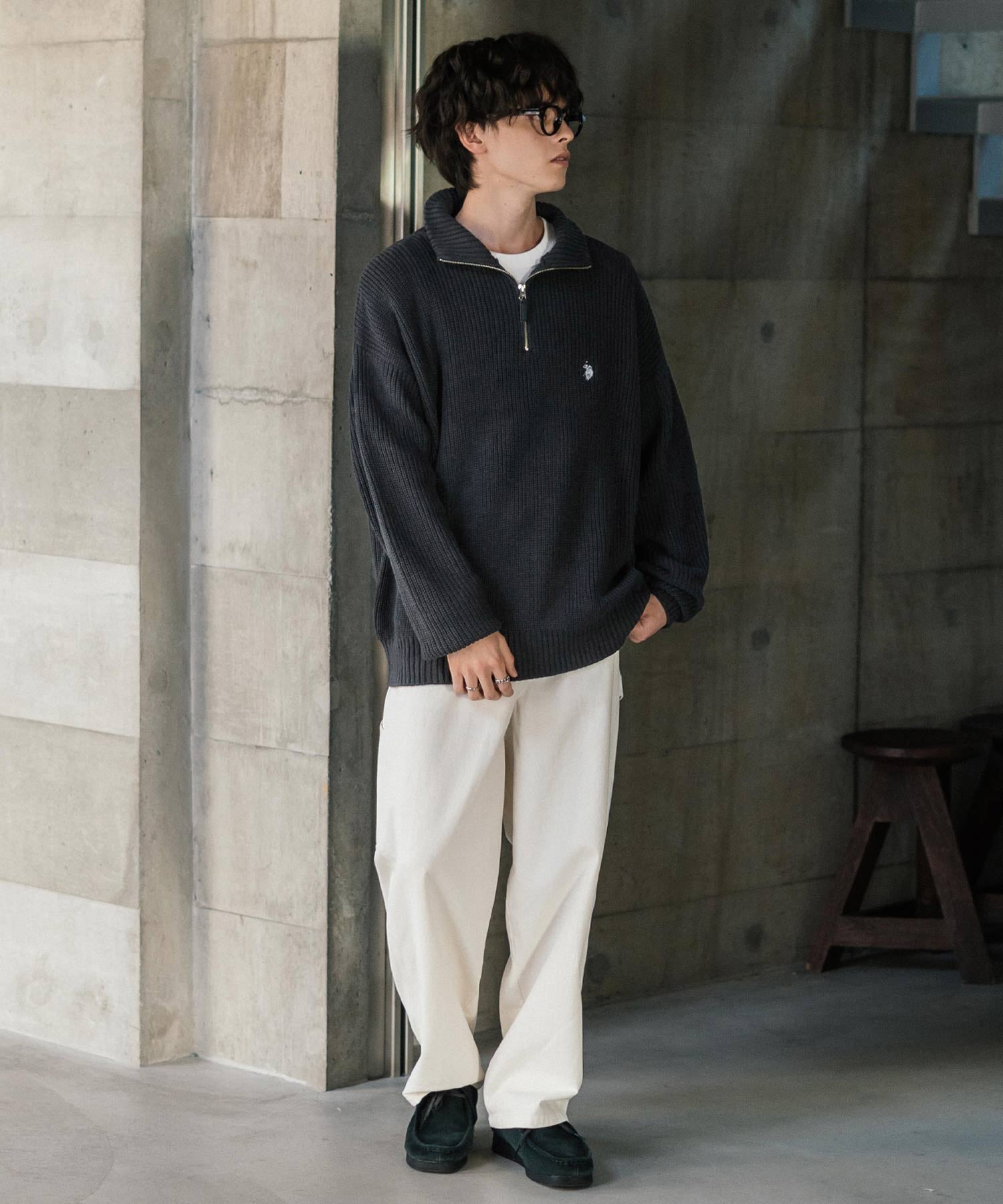 U.S. POLO ASSN. ユーエスポロアッスン 別注コラボオーバーサイズワンポイントロゴ刺繍畦編みハーフジップ長袖ニットセーター 16030
