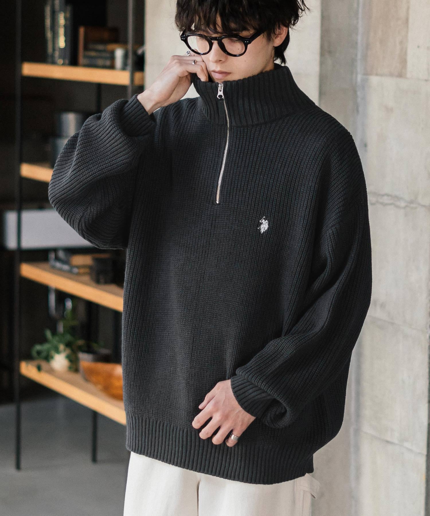 U.S. POLO ASSN. ユーエスポロアッスン 別注コラボオーバーサイズワンポイントロゴ刺繍畦編みハーフジップ長袖ニットセーター 16030
