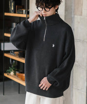 U.S. POLO ASSN. ユーエスポロアッスン 別注コラボオーバーサイズワンポイントロゴ刺繍畦編みハーフジップ長袖ニットセーター 16030