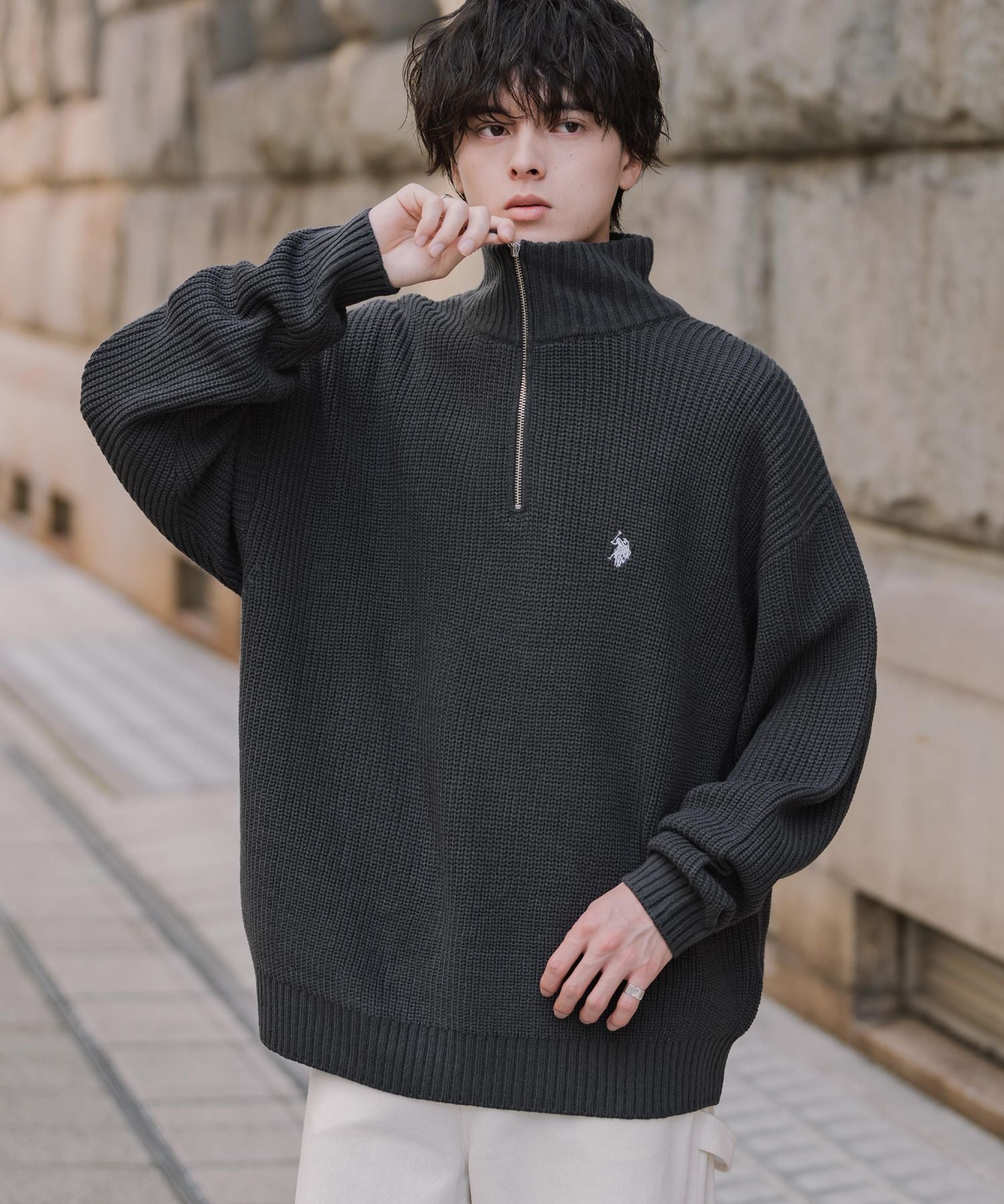 U.S. POLO ASSN. ユーエスポロアッスン 別注コラボオーバーサイズワンポイントロゴ刺繍畦編みハーフジップ長袖ニットセーター 16030