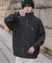 U.S. POLO ASSN. ユーエスポロアッスン 別注コラボオーバーサイズワンポイントロゴ刺繍畦編みハーフジップ長袖ニットセーター 16030