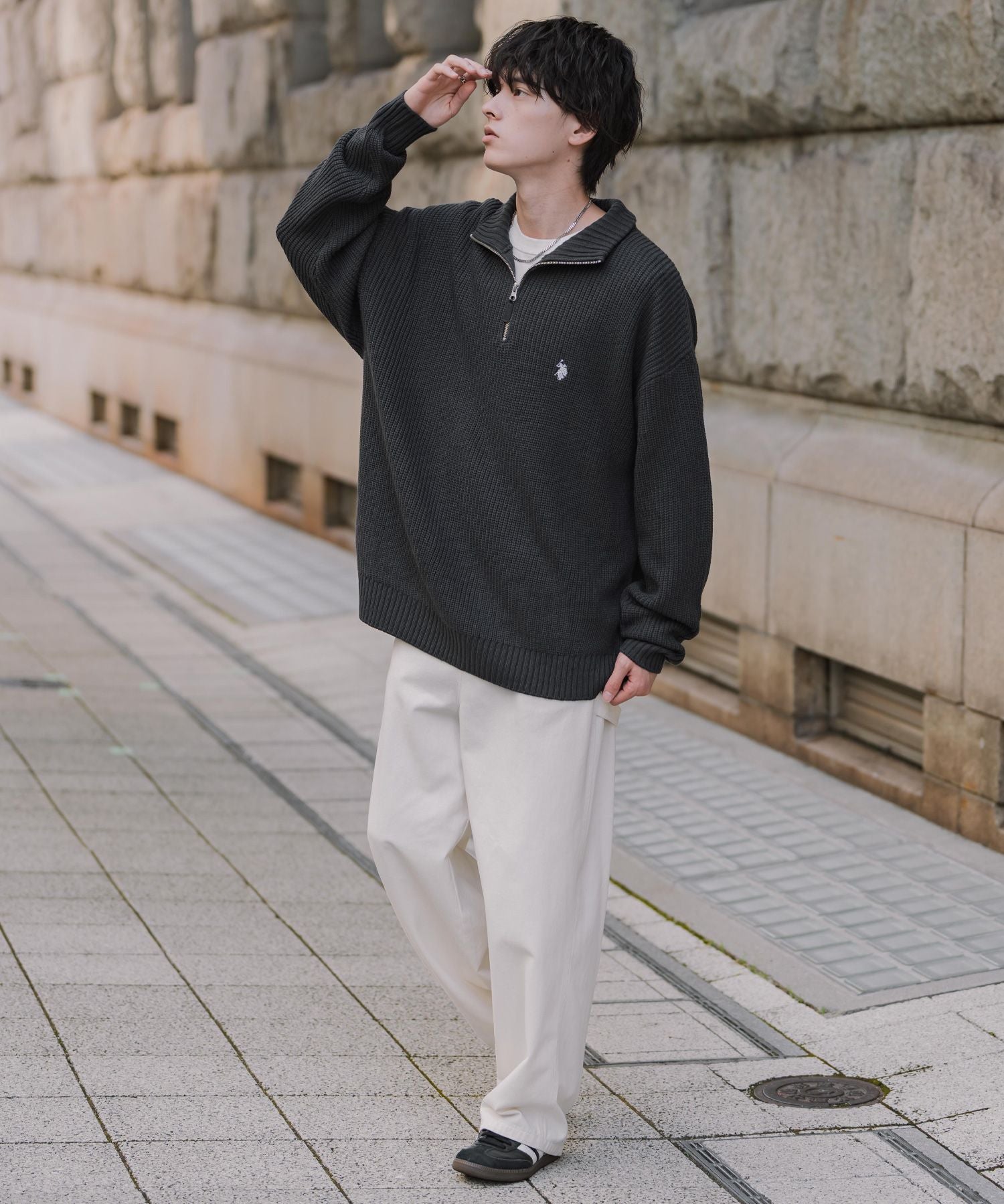 U.S. POLO ASSN. ユーエスポロアッスン 別注コラボオーバーサイズワンポイントロゴ刺繍畦編みハーフジップ長袖ニットセーター 16030