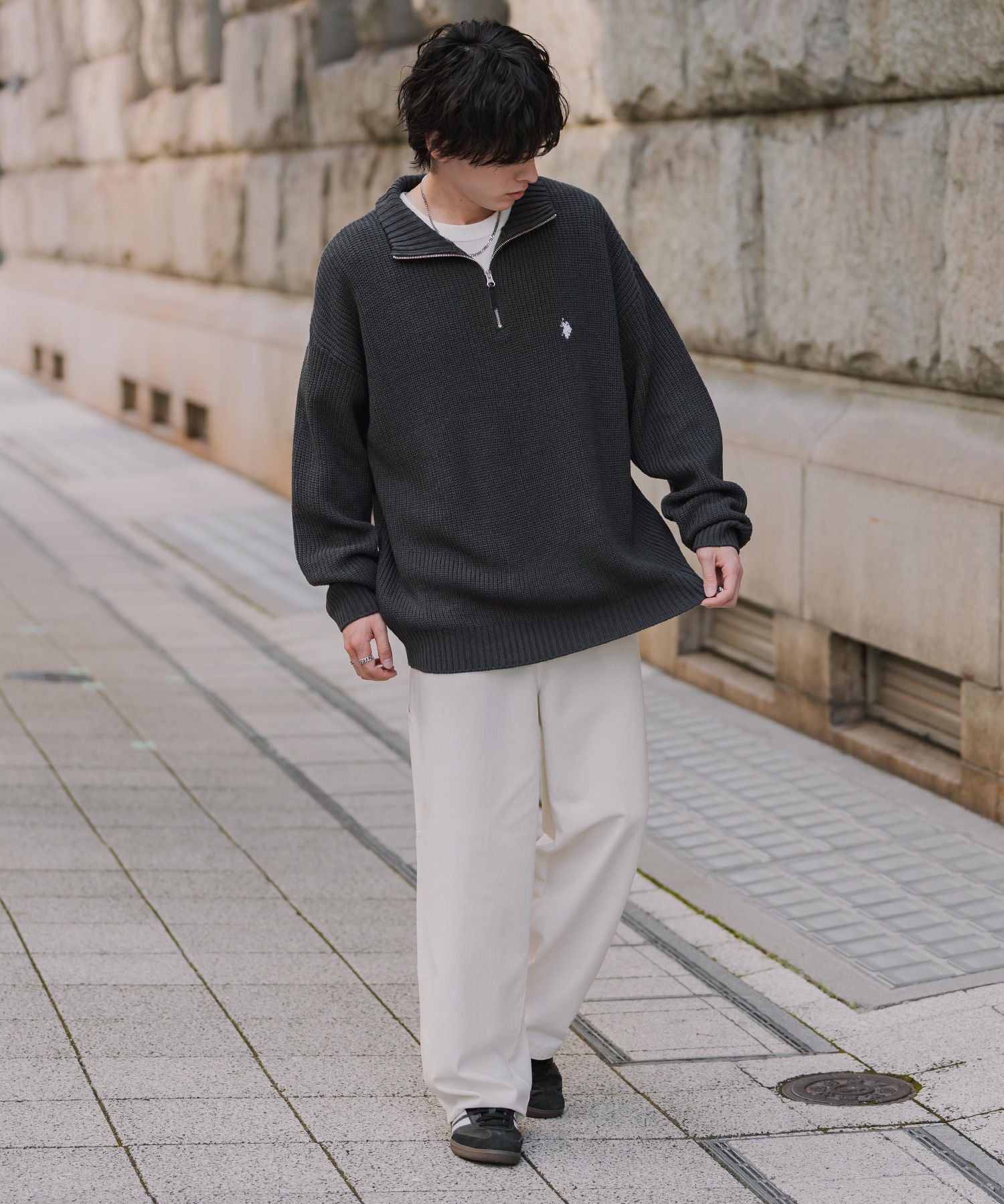 U.S. POLO ASSN. ユーエスポロアッスン 別注コラボオーバーサイズワンポイントロゴ刺繍畦編みハーフジップ長袖ニットセーター 16030