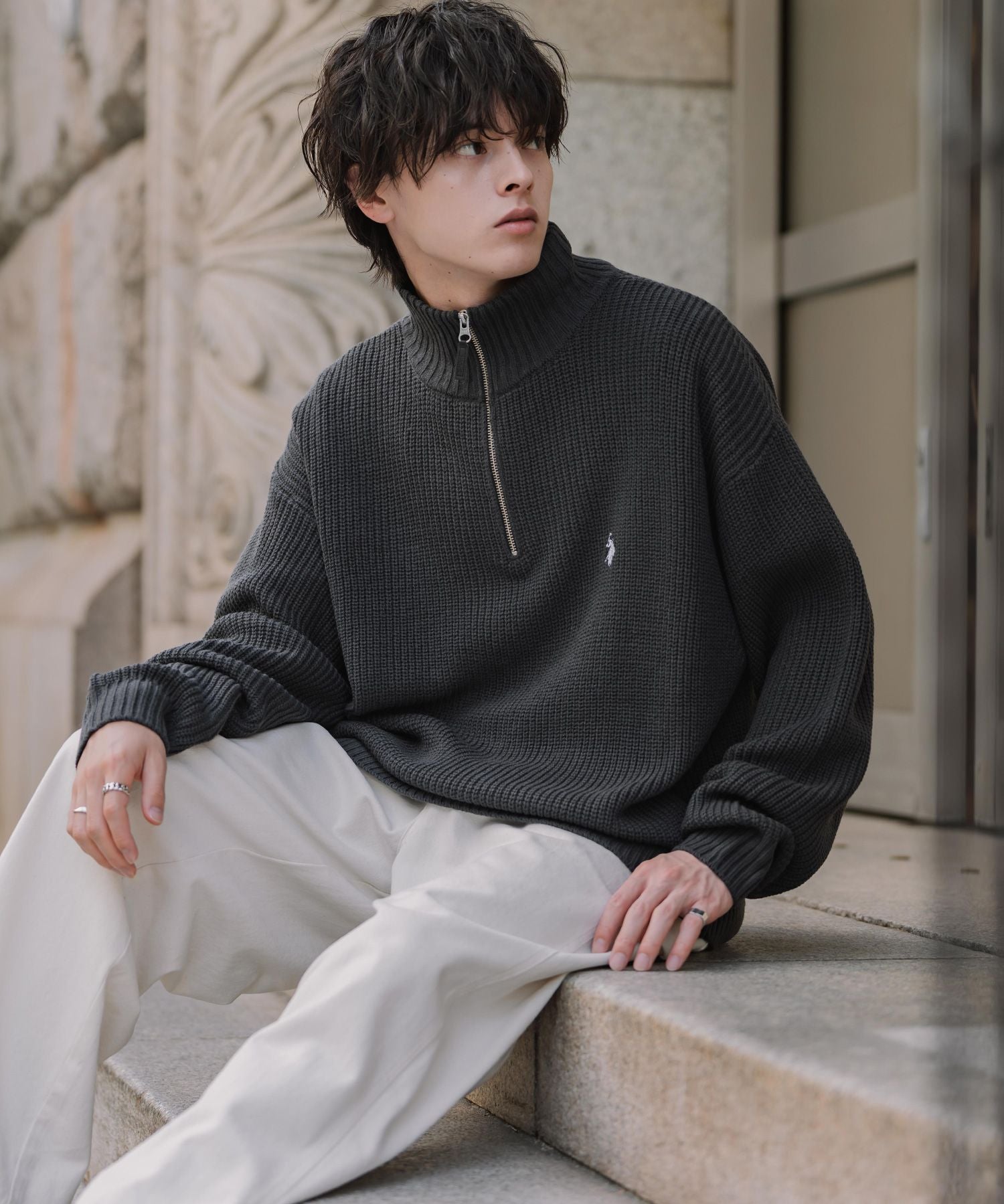 U.S. POLO ASSN. ユーエスポロアッスン 別注コラボオーバーサイズワンポイントロゴ刺繍畦編みハーフジップ長袖ニットセーター 16030