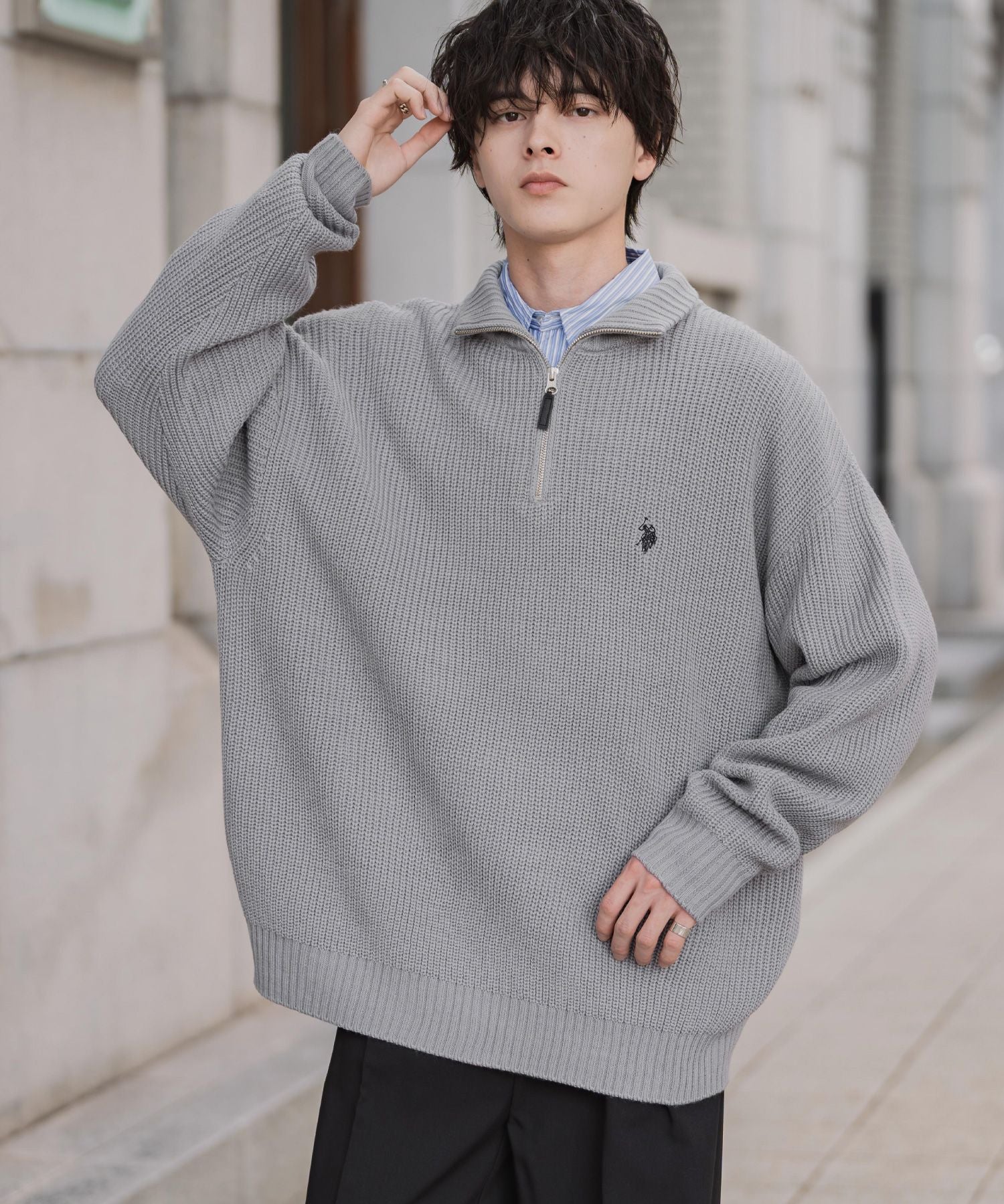 U.S. POLO ASSN. ユーエスポロアッスン 別注コラボオーバーサイズワンポイントロゴ刺繍畦編みハーフジップ長袖ニットセーター 16030
