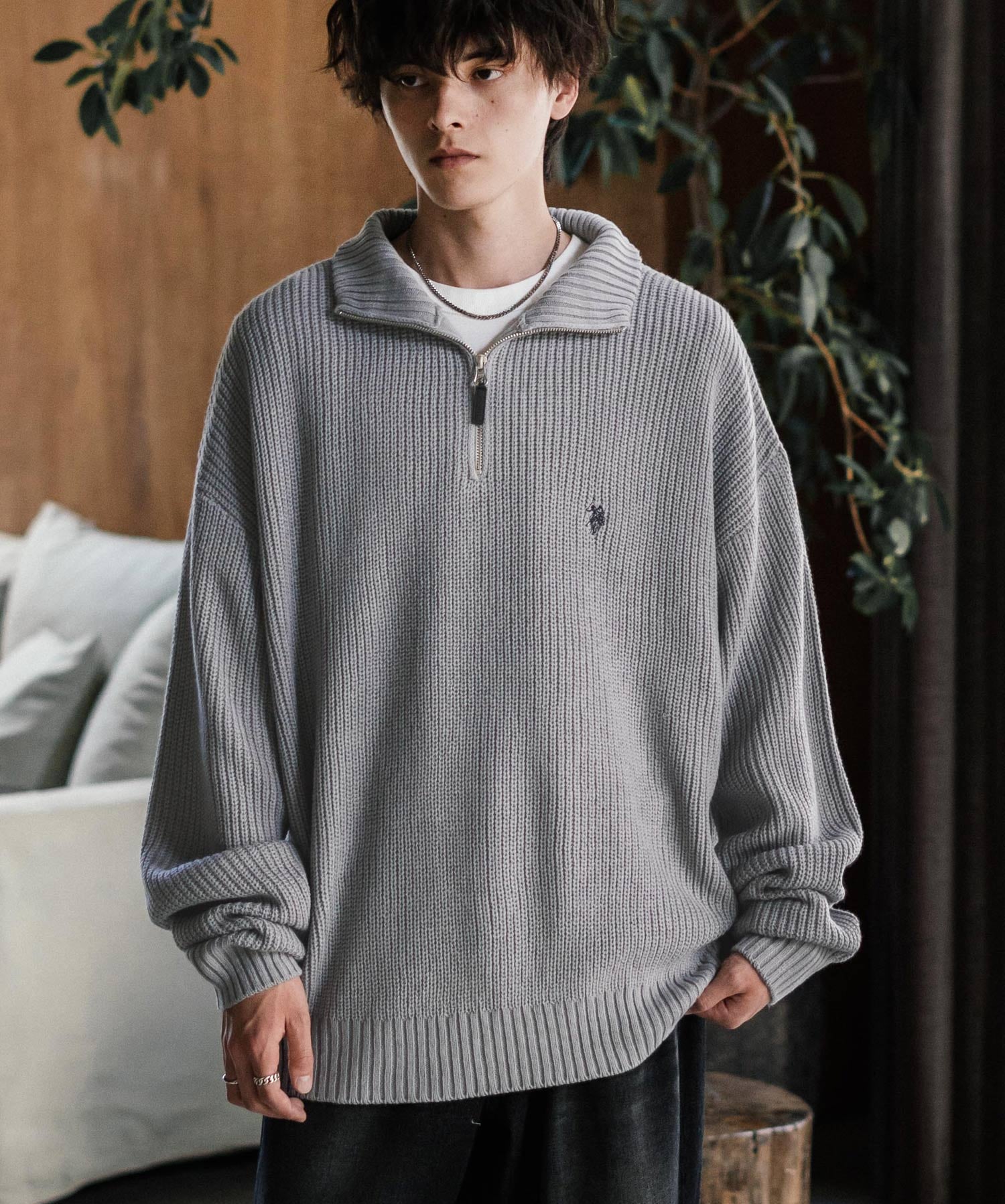 U.S. POLO ASSN. ユーエスポロアッスン 別注コラボオーバーサイズワンポイントロゴ刺繍畦編みハーフジップ長袖ニットセーター 16030