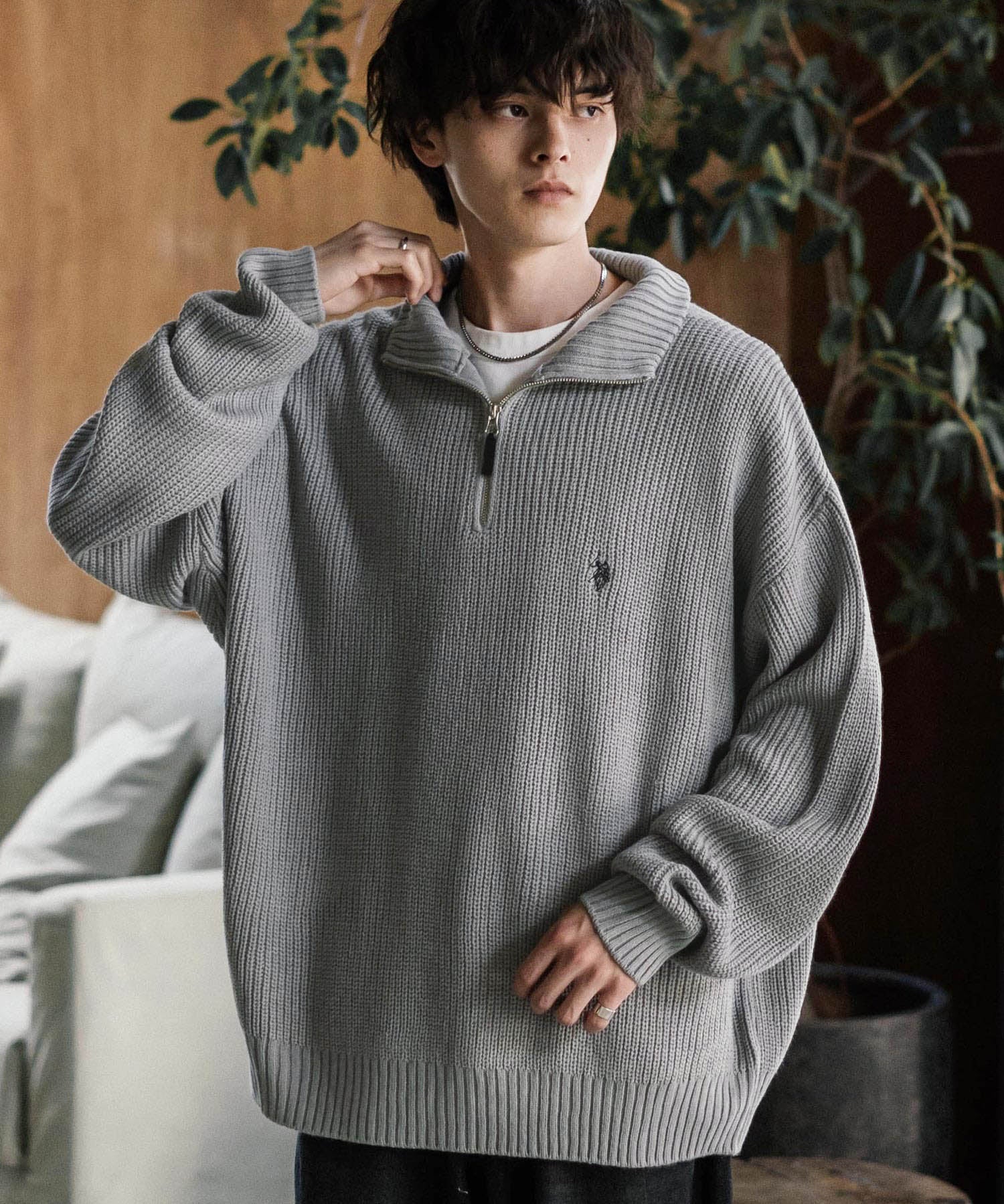 U.S. POLO ASSN. ユーエスポロアッスン 別注コラボオーバーサイズワンポイントロゴ刺繍畦編みハーフジップ長袖ニットセーター 16030