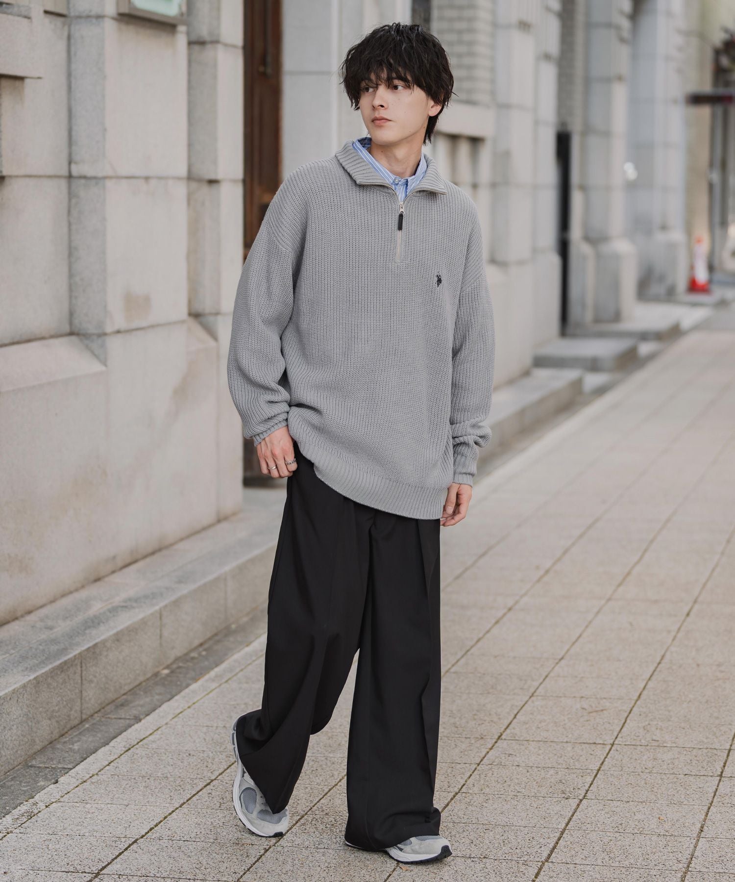 U.S. POLO ASSN. ユーエスポロアッスン 別注コラボオーバーサイズワンポイントロゴ刺繍畦編みハーフジップ長袖ニットセーター 16030