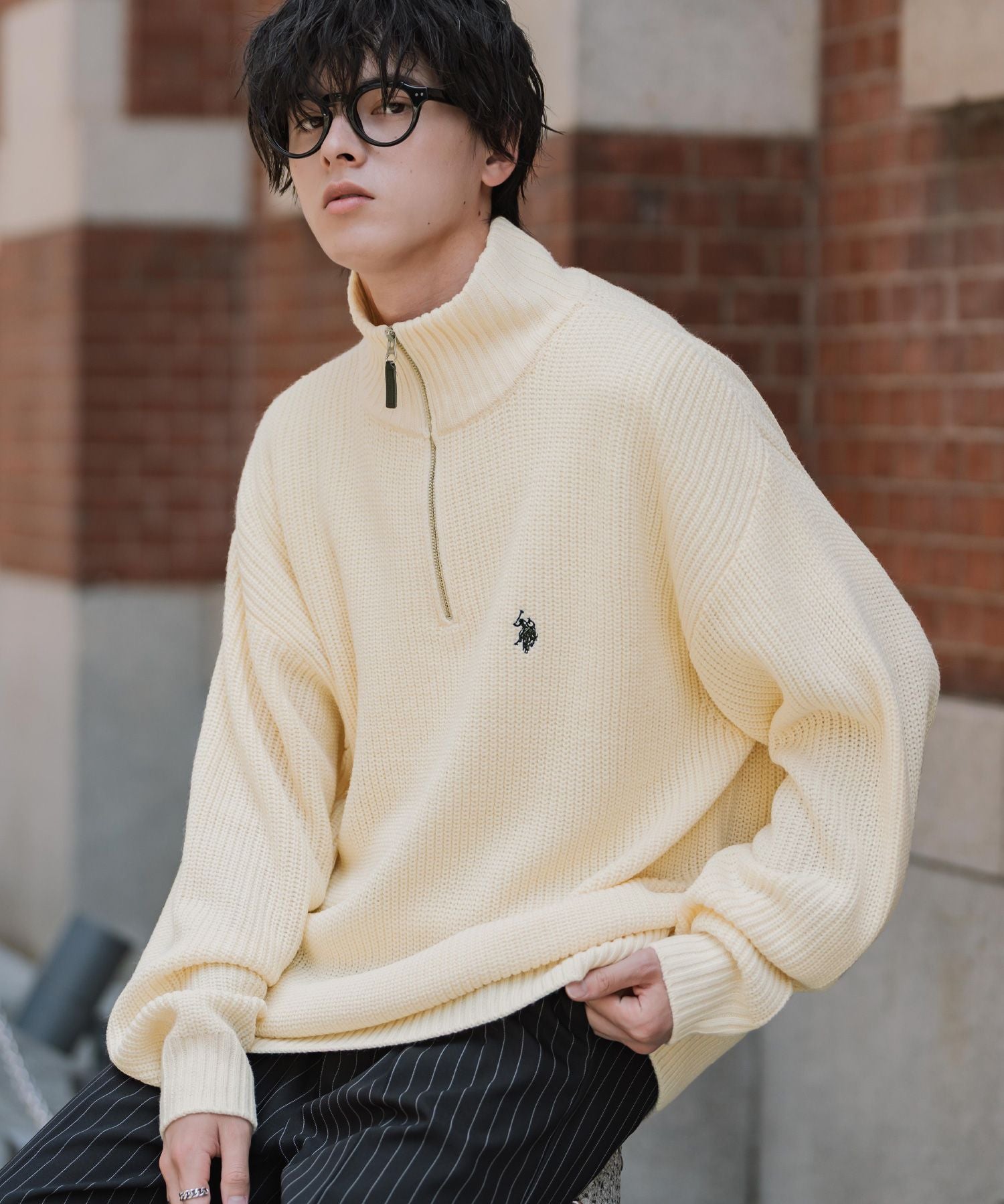 U.S. POLO ASSN. ユーエスポロアッスン 別注コラボオーバーサイズワンポイントロゴ刺繍畦編みハーフジップ長袖ニットセーター 16030