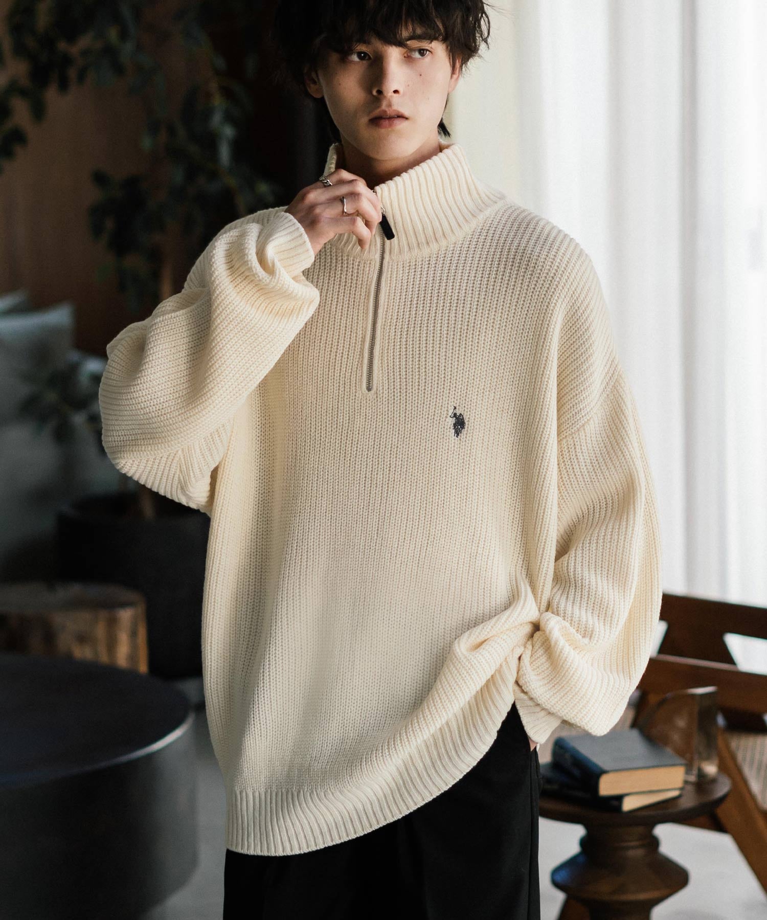 U.S. POLO ASSN. ユーエスポロアッスン 別注コラボオーバーサイズワンポイントロゴ刺繍畦編みハーフジップ長袖ニットセーター 16030