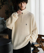 U.S. POLO ASSN. ユーエスポロアッスン 別注コラボオーバーサイズワンポイントロゴ刺繍畦編みハーフジップ長袖ニットセーター 16030