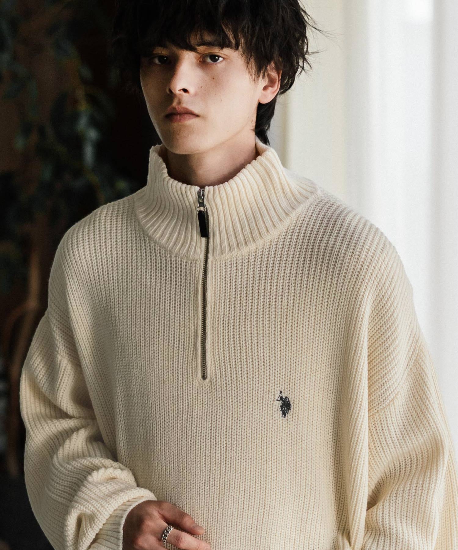 U.S. POLO ASSN. ユーエスポロアッスン 別注コラボオーバーサイズワンポイントロゴ刺繍畦編みハーフジップ長袖ニットセーター 16030