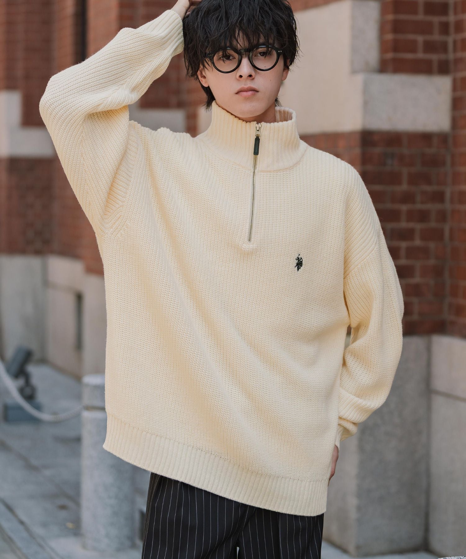 U.S. POLO ASSN. ユーエスポロアッスン 別注コラボオーバーサイズワンポイントロゴ刺繍畦編みハーフジップ長袖ニットセーター 16030