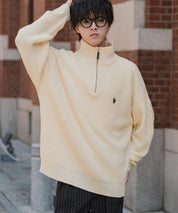 U.S. POLO ASSN. ユーエスポロアッスン 別注コラボオーバーサイズワンポイントロゴ刺繍畦編みハーフジップ長袖ニットセーター 16030