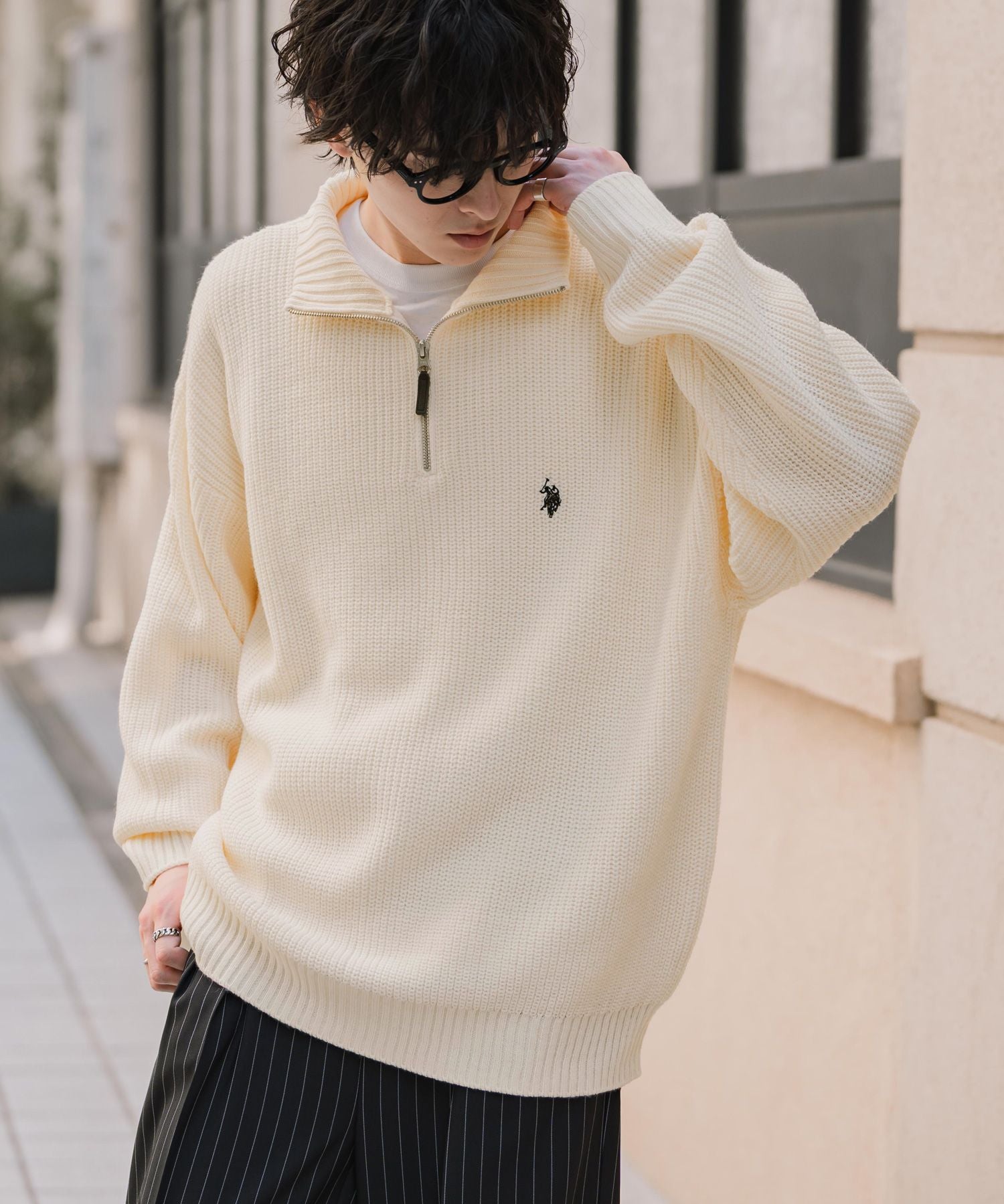U.S. POLO ASSN. ユーエスポロアッスン 別注コラボオーバーサイズワンポイントロゴ刺繍畦編みハーフジップ長袖ニットセーター 16030