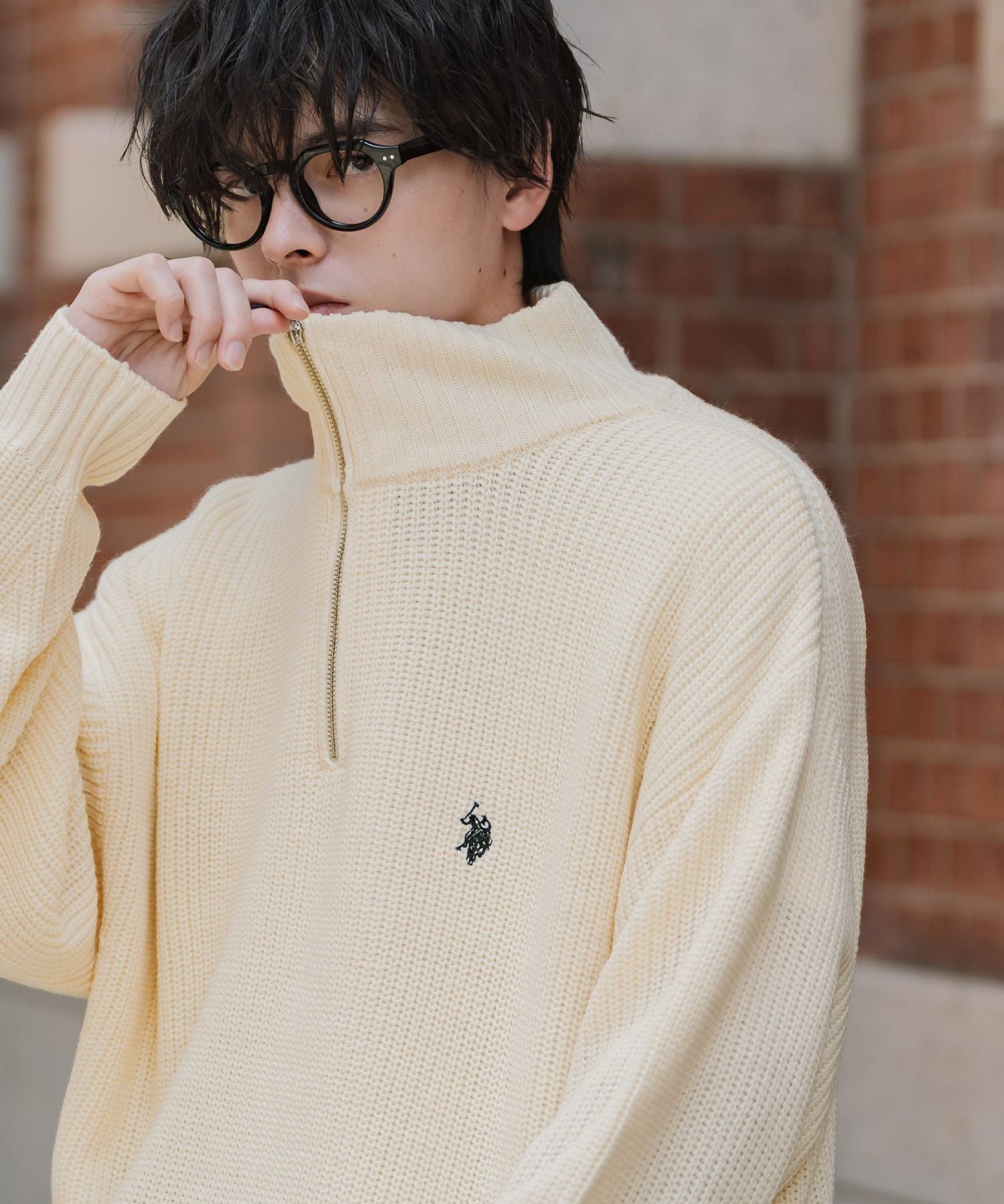 U.S. POLO ASSN. ユーエスポロアッスン 別注コラボオーバーサイズワンポイントロゴ刺繍畦編みハーフジップ長袖ニットセーター 16030