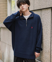 U.S. POLO ASSN. ユーエスポロアッスン 別注コラボオーバーサイズワンポイントロゴ刺繍畦編みハーフジップ長袖ニットセーター 16030