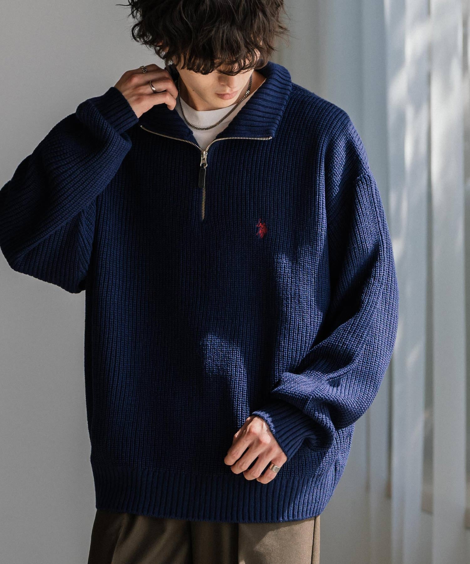 U.S. POLO ASSN. ユーエスポロアッスン 別注コラボオーバーサイズワンポイントロゴ刺繍畦編みハーフジップ長袖ニットセーター 16030