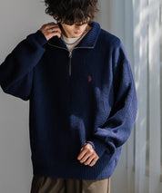 U.S. POLO ASSN. ユーエスポロアッスン 別注コラボオーバーサイズワンポイントロゴ刺繍畦編みハーフジップ長袖ニットセーター 16030
