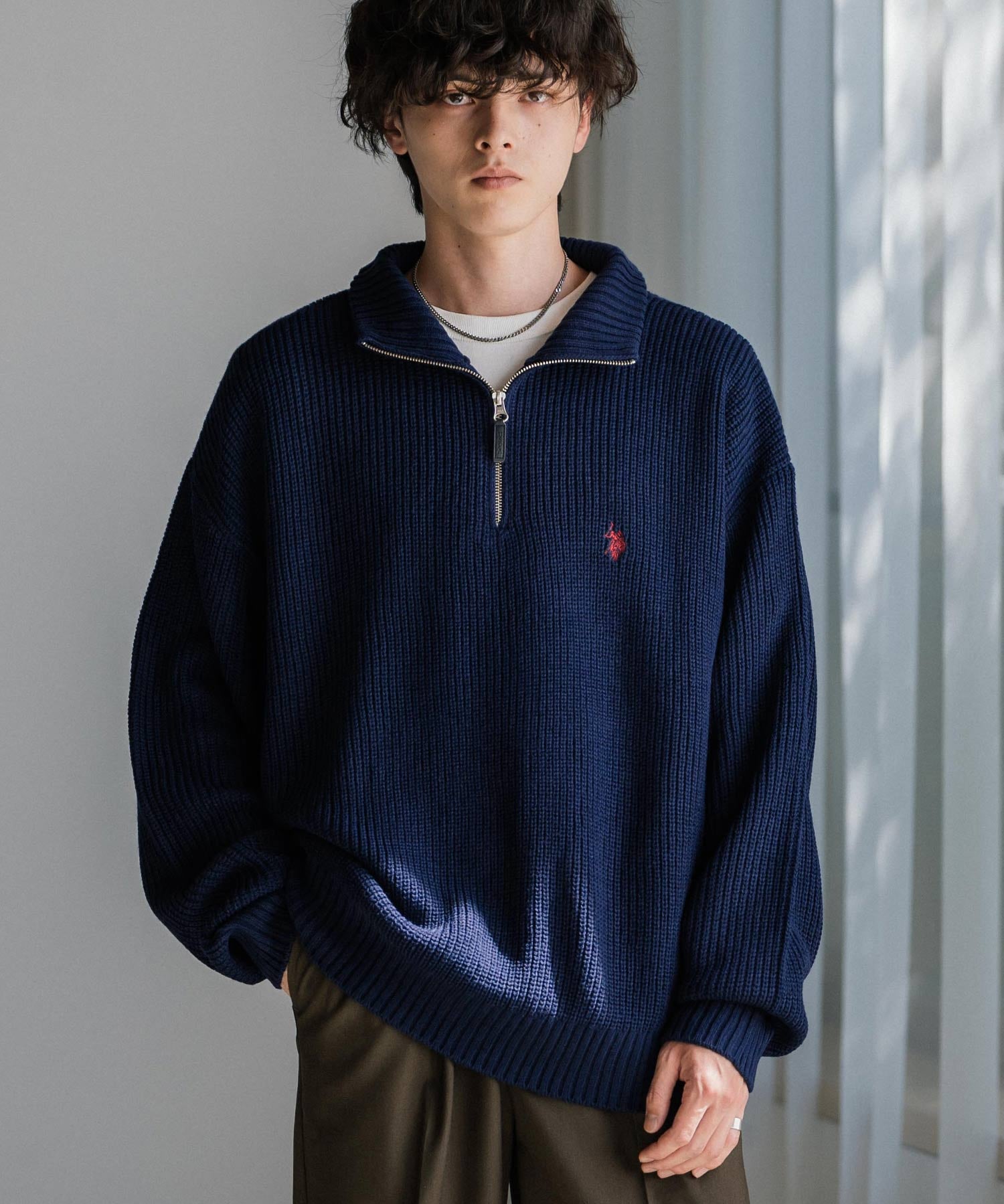 U.S. POLO ASSN. ユーエスポロアッスン 別注コラボオーバーサイズワンポイントロゴ刺繍畦編みハーフジップ長袖ニットセーター 16030