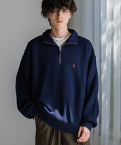 U.S. POLO ASSN. ユーエスポロアッスン 別注コラボオーバーサイズワンポイントロゴ刺繍畦編みハーフジップ長袖ニットセーター 16030
