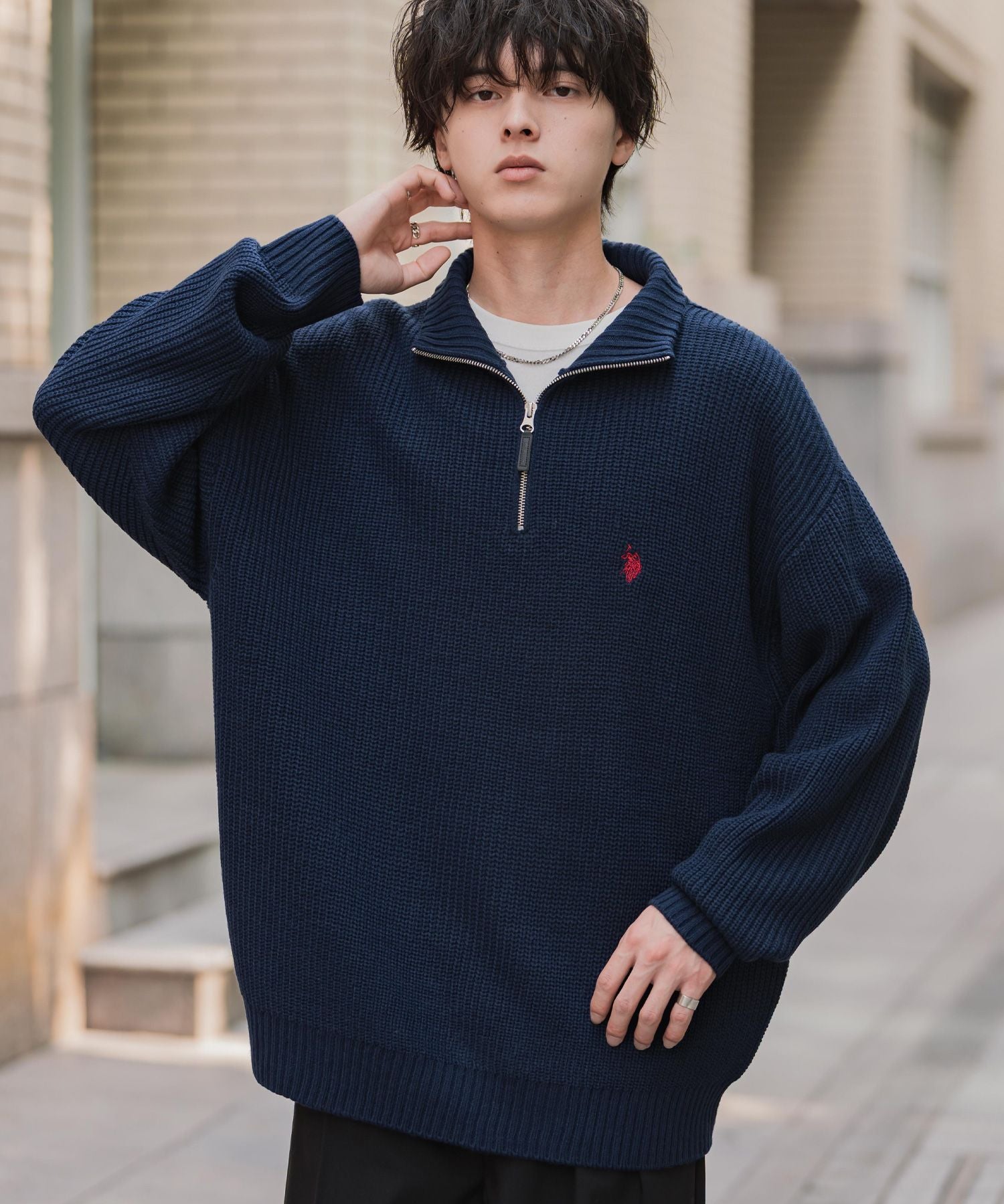 U.S. POLO ASSN. ユーエスポロアッスン 別注コラボオーバーサイズワンポイントロゴ刺繍畦編みハーフジップ長袖ニットセーター 16030