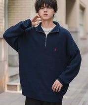 U.S. POLO ASSN. ユーエスポロアッスン 別注コラボオーバーサイズワンポイントロゴ刺繍畦編みハーフジップ長袖ニットセーター 16030
