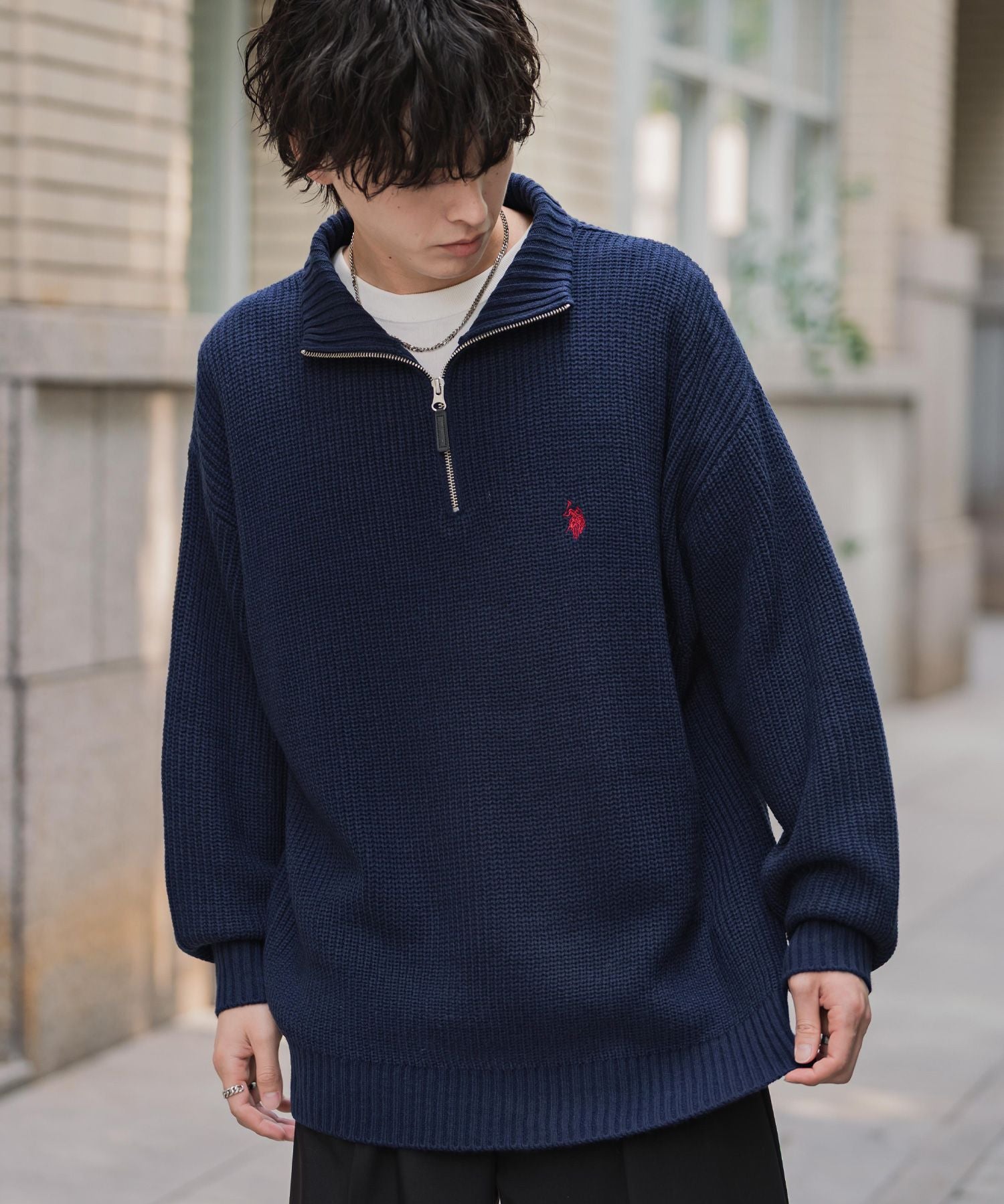 U.S. POLO ASSN. ユーエスポロアッスン 別注コラボオーバーサイズワンポイントロゴ刺繍畦編みハーフジップ長袖ニットセーター 16030