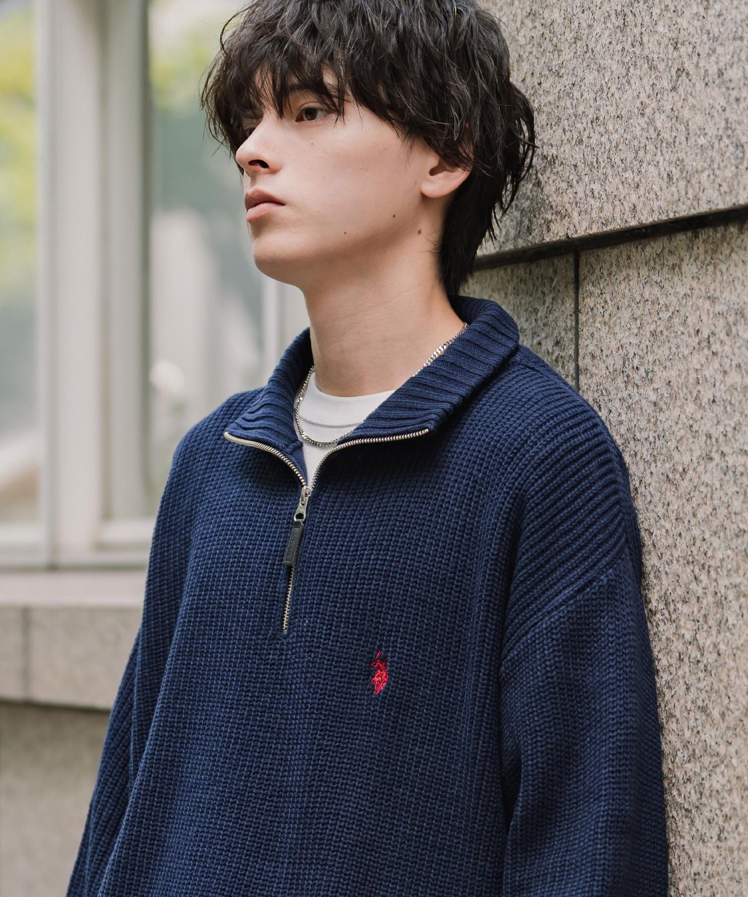 U.S. POLO ASSN. ユーエスポロアッスン 別注コラボオーバーサイズワンポイントロゴ刺繍畦編みハーフジップ長袖ニットセーター 16030