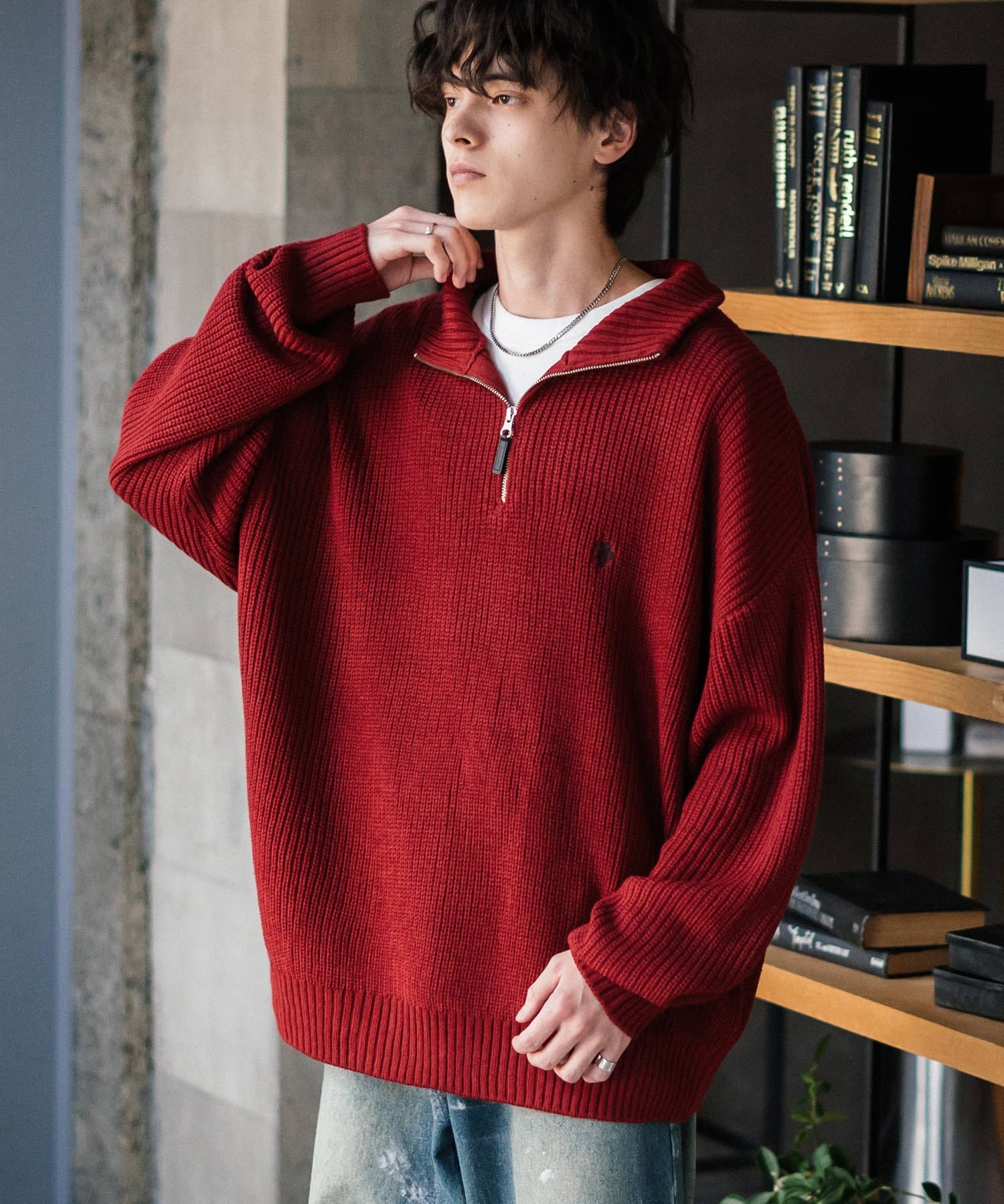 U.S. POLO ASSN. ユーエスポロアッスン 別注コラボオーバーサイズワンポイントロゴ刺繍畦編みハーフジップ長袖ニットセーター 16030