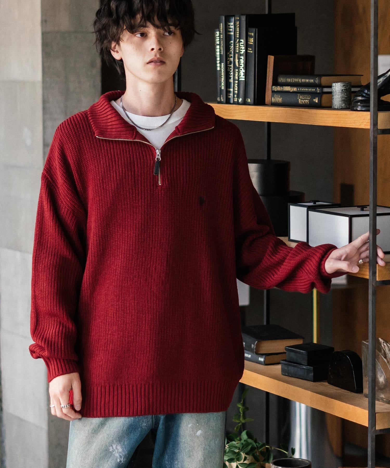 U.S. POLO ASSN. ユーエスポロアッスン 別注コラボオーバーサイズワンポイントロゴ刺繍畦編みハーフジップ長袖ニットセーター 16030