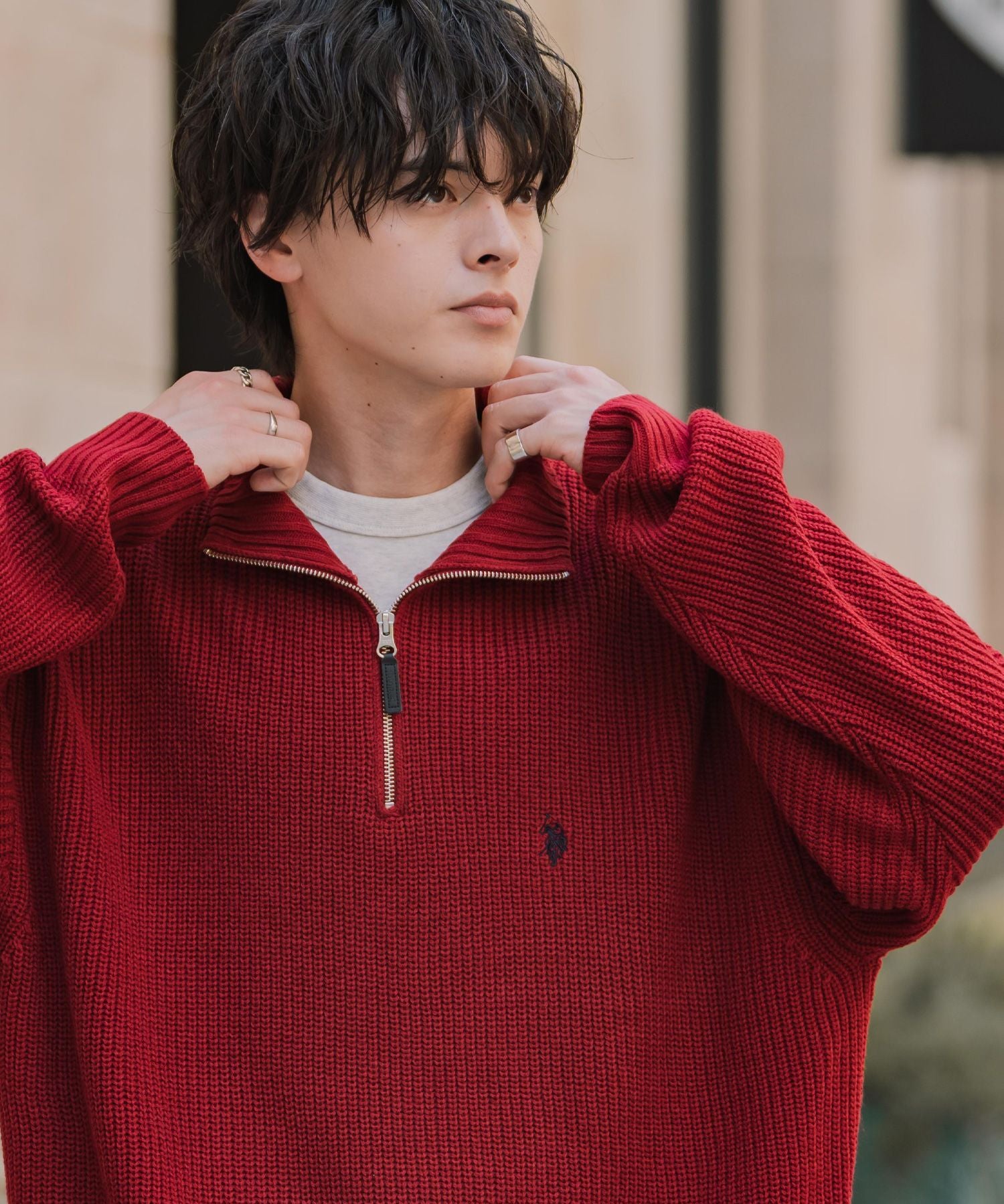 U.S. POLO ASSN. ユーエスポロアッスン 別注コラボオーバーサイズワンポイントロゴ刺繍畦編みハーフジップ長袖ニットセーター 16030