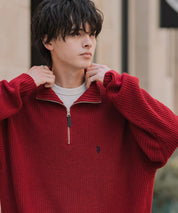 U.S. POLO ASSN. ユーエスポロアッスン 別注コラボオーバーサイズワンポイントロゴ刺繍畦編みハーフジップ長袖ニットセーター 16030