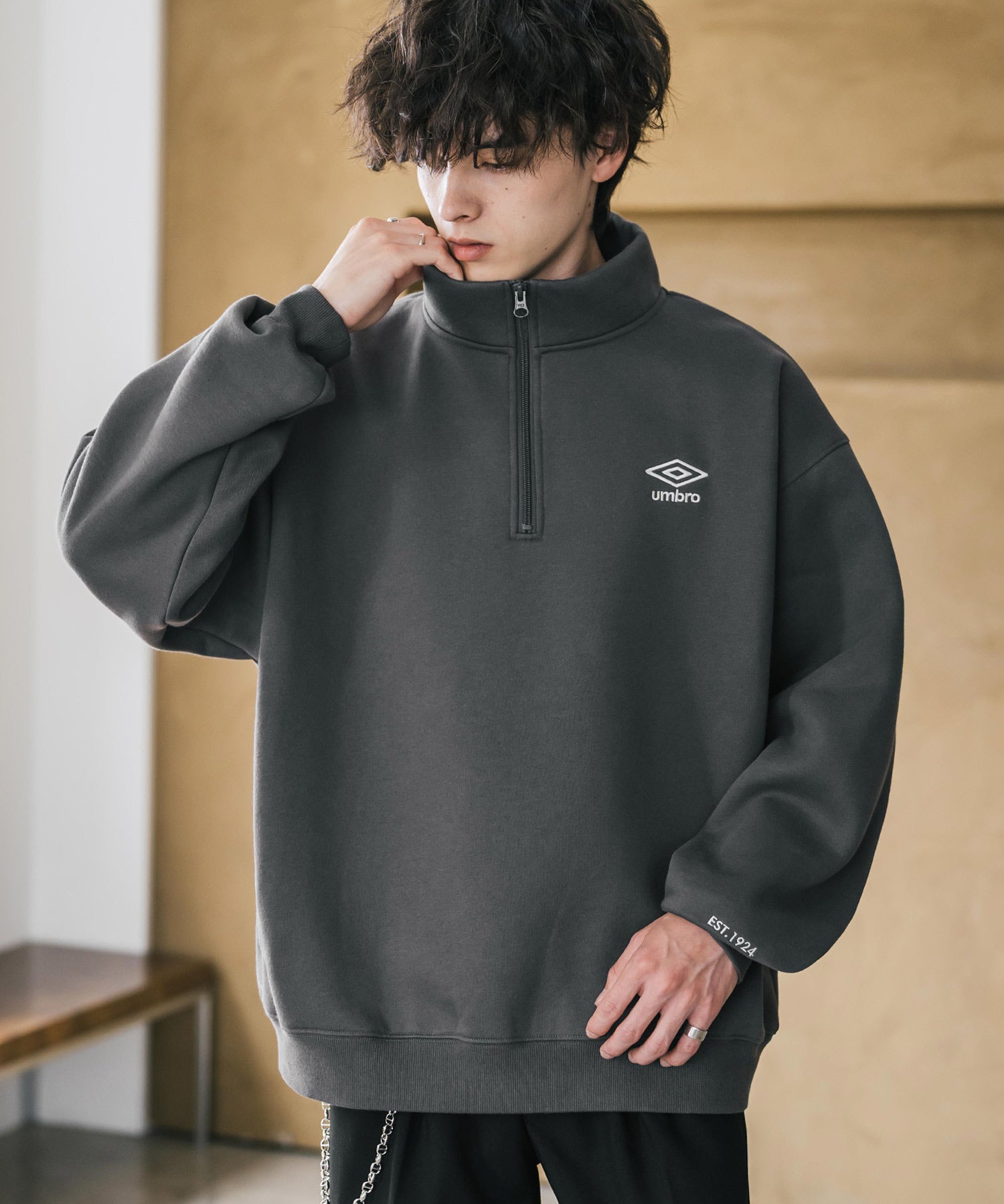 UMBRO アンブロ 別注コラボ オーバーサイズ裏起毛ワンポイントロゴ刺繍ハーフジップ長袖スウェット 16032