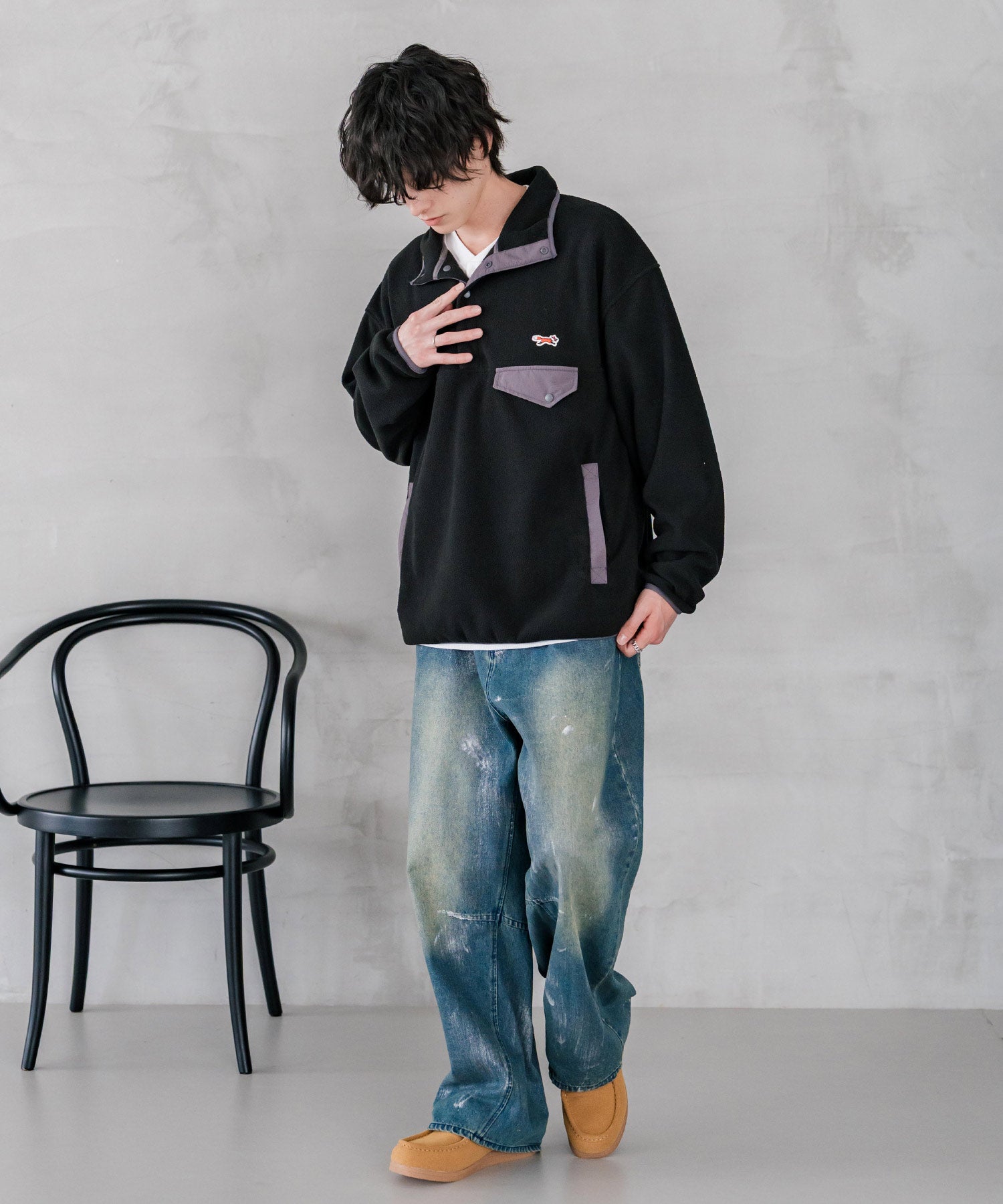 PENNEYS ペニーズ 別注コラボ オーバーサイズフリースアノラックワンポイントロゴ刺繍長袖スタンドカラープルオーバー 16055